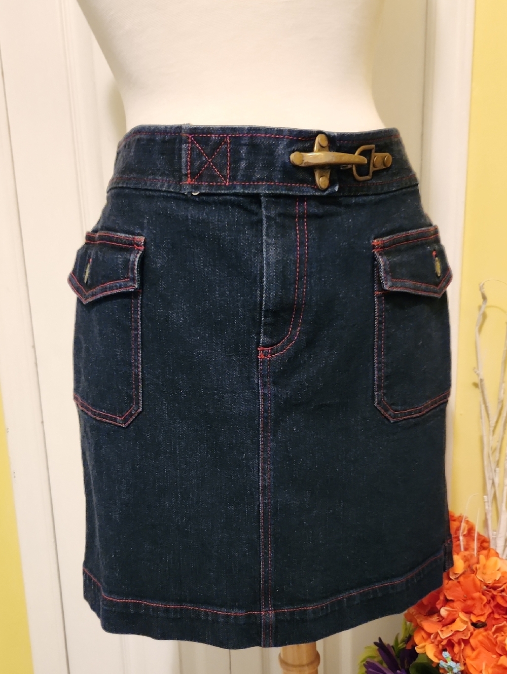 Ralph Lauren Dark Denim A-Line Skirt with Red Stitching and Brass Accent